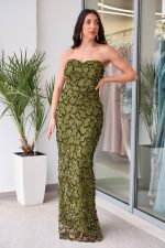 Φόρεμα maxi με παγιέτες και αποσπώμενο σατέν φιόγκο olive - Image 2