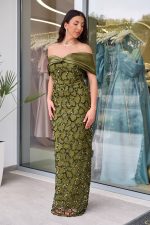 Φόρεμα maxi με παγιέτες και αποσπώμενο σατέν φιόγκο olive - Image 3