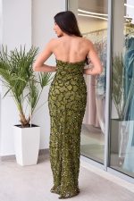 Φόρεμα maxi με παγιέτες και αποσπώμενο σατέν φιόγκο olive - Image 6