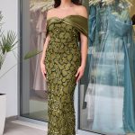 Φόρεμα maxi με παγιέτες και αποσπώμενο σατέν φιόγκο olive