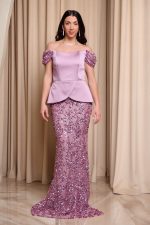Φόρεμα maxi γοργονέ off shoulder με σατέν μπούστο dusty pink - Image 2