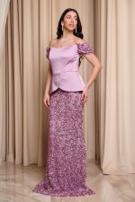 Φόρεμα maxi γοργονέ off shoulder με σατέν μπούστο dusty pink - Image 3