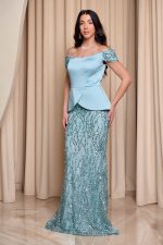 Φόρεμα maxi γοργονέ off shoulder με σατέν μπούστο μέντα - Image 3