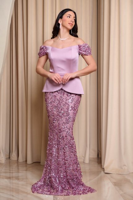 όρεμα maxi γοργονέ off shoulder με σατέν μπούστο dusty pink