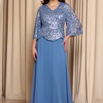 Φόρεμα maxi τύπου πέπλουμ με καμπάνα μανίκια dusty blue