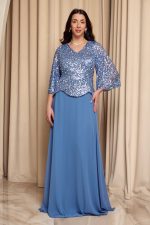 Φόρεμα maxi τύπου πέπλουμ με καμπάνα μανίκια dusty blue