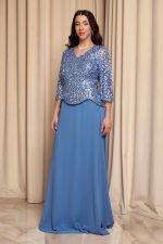 Φόρεμα maxi τύπου πέπλουμ με καμπάνα μανίκια dusty blue - Image 3