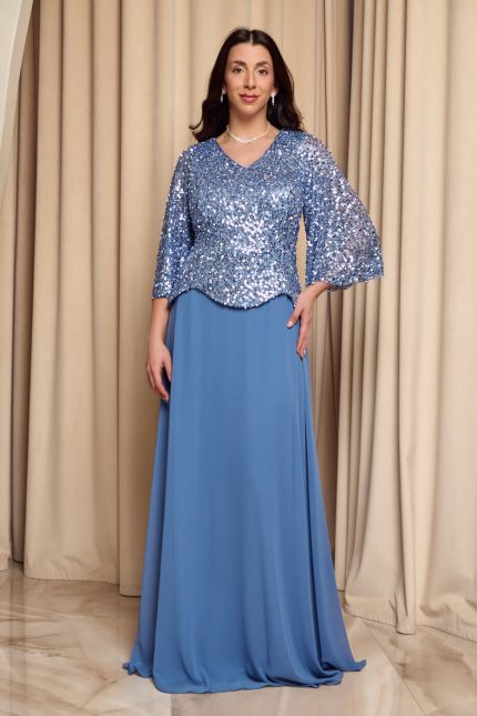 Φόρεμα maxi τύπου πέπλουμ με καμπάνα μανίκια dusty blue