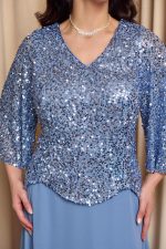 Φόρεμα maxi τύπου πέπλουμ με καμπάνα μανίκια dusty blue - Image 6