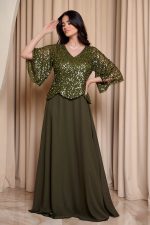 Φόρεμα maxi τύπου πέπλουμ με καμπάνα μανίκια olive