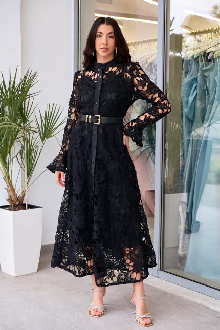 Φόρεμα midi κιπούρ με ζώνη δερματίνη μαύρο