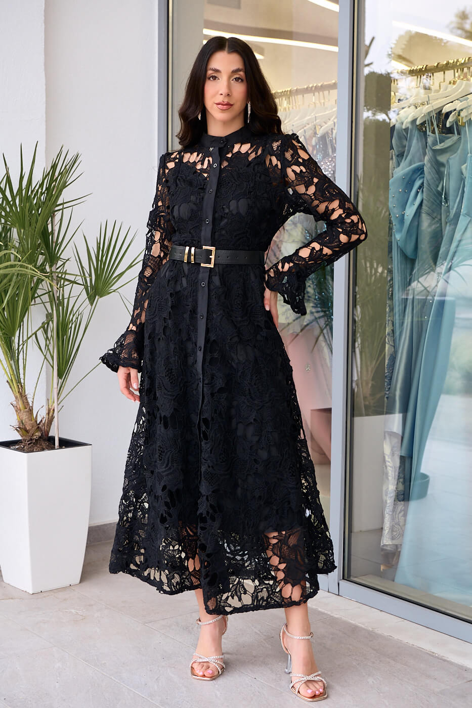 GA-2291 Φόρεμα midi κιπούρ με ζώνη δερματίνη μαύρο