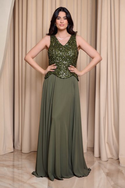 Φόρεμα maxi τύπου πέπλουμ με παγιέτες στο μπούστο olive