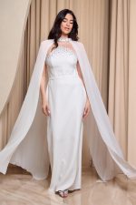 Φόρεμα maxi με πέτρες και αποσπώμενη κάπα άσπρο - Image 2