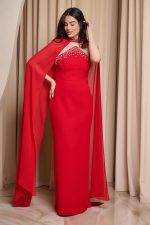 Φόρεμα maxi με πέτρες και αποσπώμενη κάπα κόκκινο - Image 2