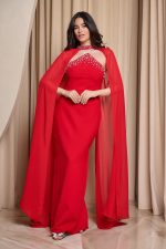 Φόρεμα maxi πέτρες και αποσπώμενη κάπα κόκκινο