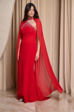 Φόρεμα maxi με πέτρες και αποσπώμενη κάπα κόκκινο - Image 4