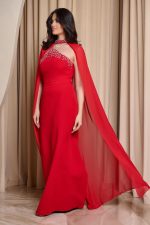 Φόρεμα maxi με πέτρες και αποσπώμενη κάπα κόκκινο - Image 5