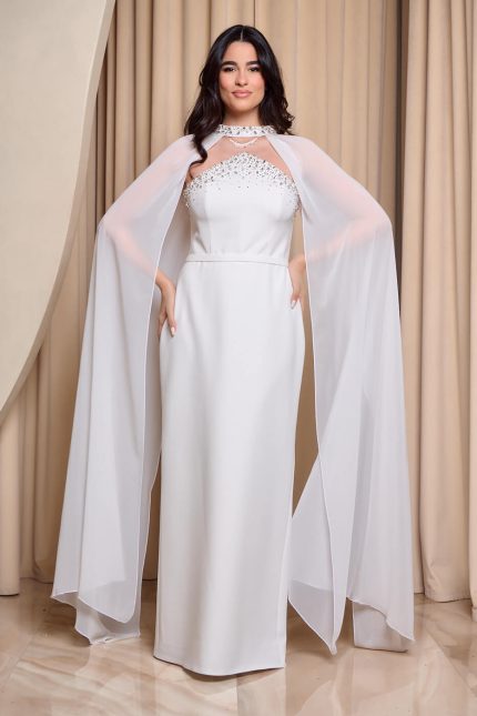 Φόρεμα maxi με πέτρες και αποσπώμενη κάπα άσπρο