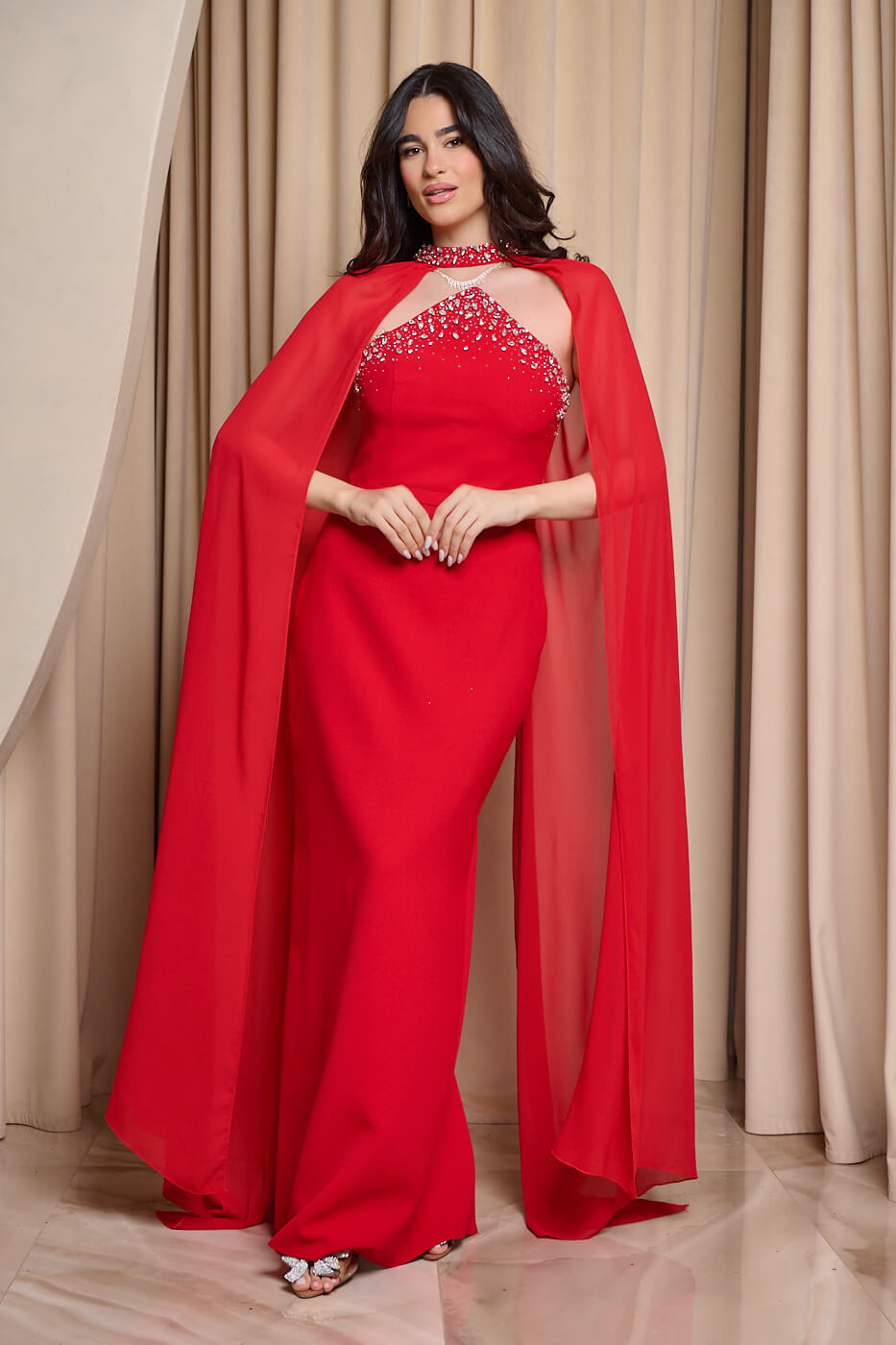 Φόρεμα maxi πέτρες και αποσπώμενη κάπα κόκκινο