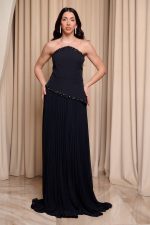 Φόρεμα maxi στράπλες πλισέ με λεπτομέρεια χάντρες μαύρο - Image 2