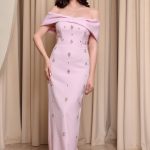 Φόρεμα maxi off shoulder με διακοσμητικές πέτρες baby pink