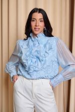 Πουκάμισο με φραμπαλά και πέρλες γαλάζιο