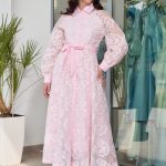 Φόρεμα midi με floral κεντήματα baby pink