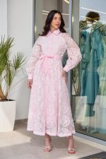 Φόρεμα midi με floral κεντήματα baby pink