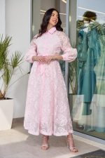 Φόρεμα midi με floral κεντήματα baby pink - Image 2