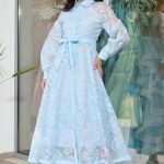 Φόρεμα midi με floral κεντήματα baby blue