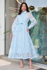 Φόρεμα midi με floral κεντήματα baby blue