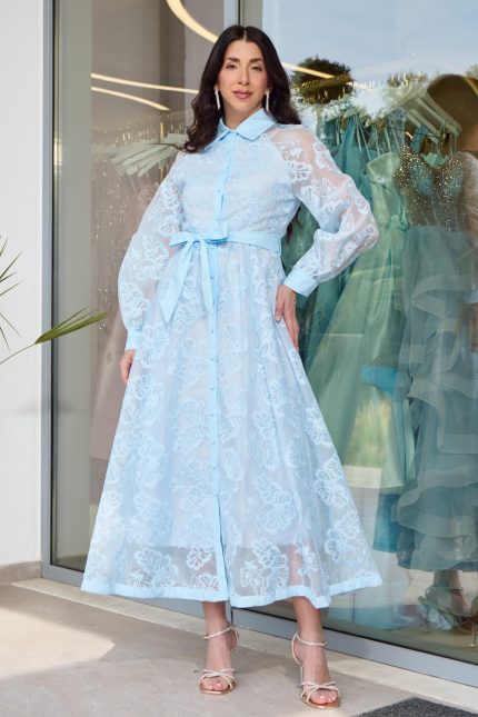 Φόρεμα midi με floral κεντήματα baby blue
