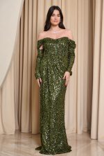 Φόρεμα maxi με παγιέτες και αποσπώμενα μανίκια olive - Image 3