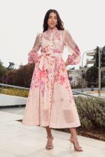 Φόρεμα maxi με floral print και στρας μπεζ