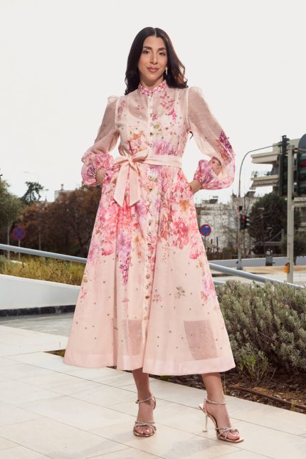 Φόρεμα maxi με floral print και στρας μπεζ