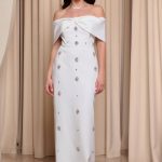 Φόρεμα maxi off shoulder με διακοσμητικές πέτρες άσπρο