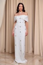 Φόρεμα maxi off shoulder με διακοσμητικές πέτρες άσπρο