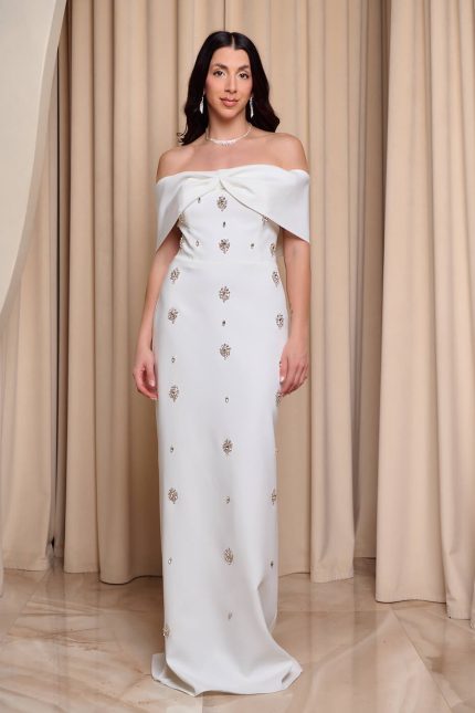 Φόρεμα maxi off shoulder με διακοσμητικές πέτρες άσπρο