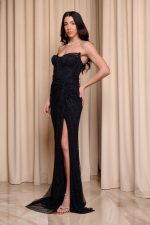 Φόρεμα maxi στράπλες γοργονέ με δίχτυ στρας μαύρο - Image 3