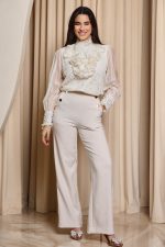 Πουκάμισο με φραμπαλά και πέρλες μπεζ - Image 2