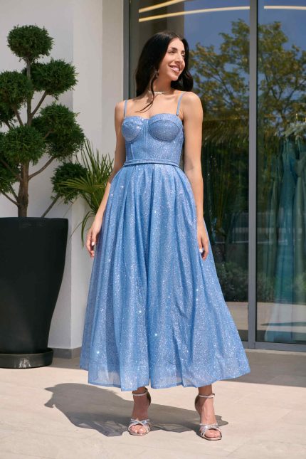 Φόρεμα midi με τρισδιάστατο γκλίτερ και ραμμένη ζώνη γαλάζιο
