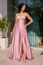 Φόρεμα maxi σατέν στράπλες με σκίσιμο dusty pink - Image 2