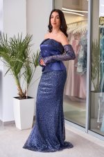 Φόρεμα maxi στράπλες γοργονέ τύπου πέπλουμ με παγιέτες navy blue - Image 4