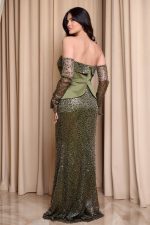 Φόρεμα maxi στράπλες γοργονέ τύπου πέπλουμ με παγιέτες olive - Image 4