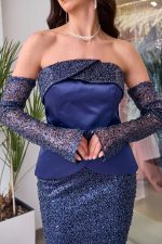 Φόρεμα maxi στράπλες γοργονέ τύπου πέπλουμ με παγιέτες navy blue - Image 6