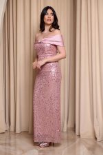 Φόρεμα maxi off shoulder με παγιέτες και χάντρες baby pink - Image 3