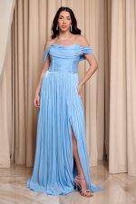 Φόρεμα maxi off shoulder με πιέτες baby blue