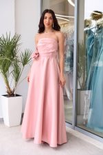 Φόρεμα maxi γυαλιστερός ταφτάς με 3D λουλούδι baby pink - Image 2