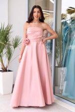 Φόρεμα maxi γυαλιστερός ταφτάς με 3D λουλούδι baby pink